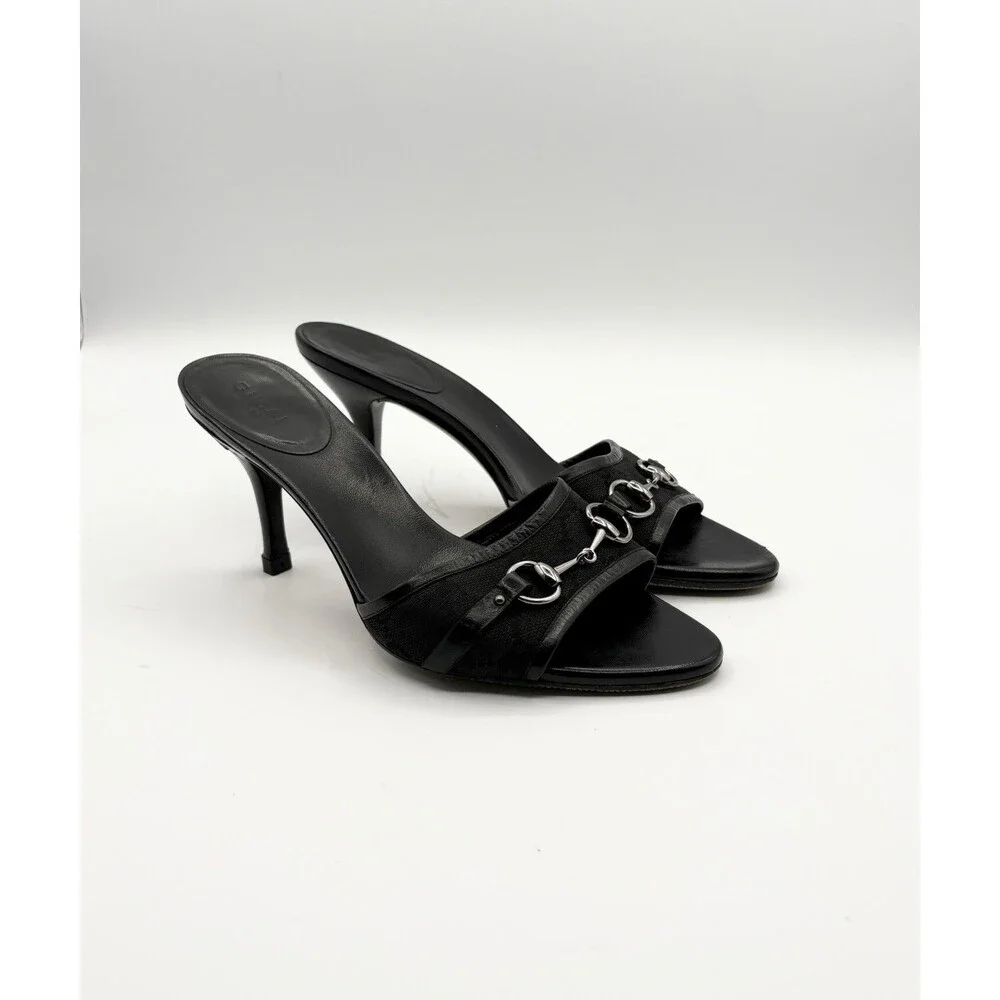 Gucci Black Leather Mules Canvas GG Logo Silver Horsebit Heels Y2K Size EU 35.5